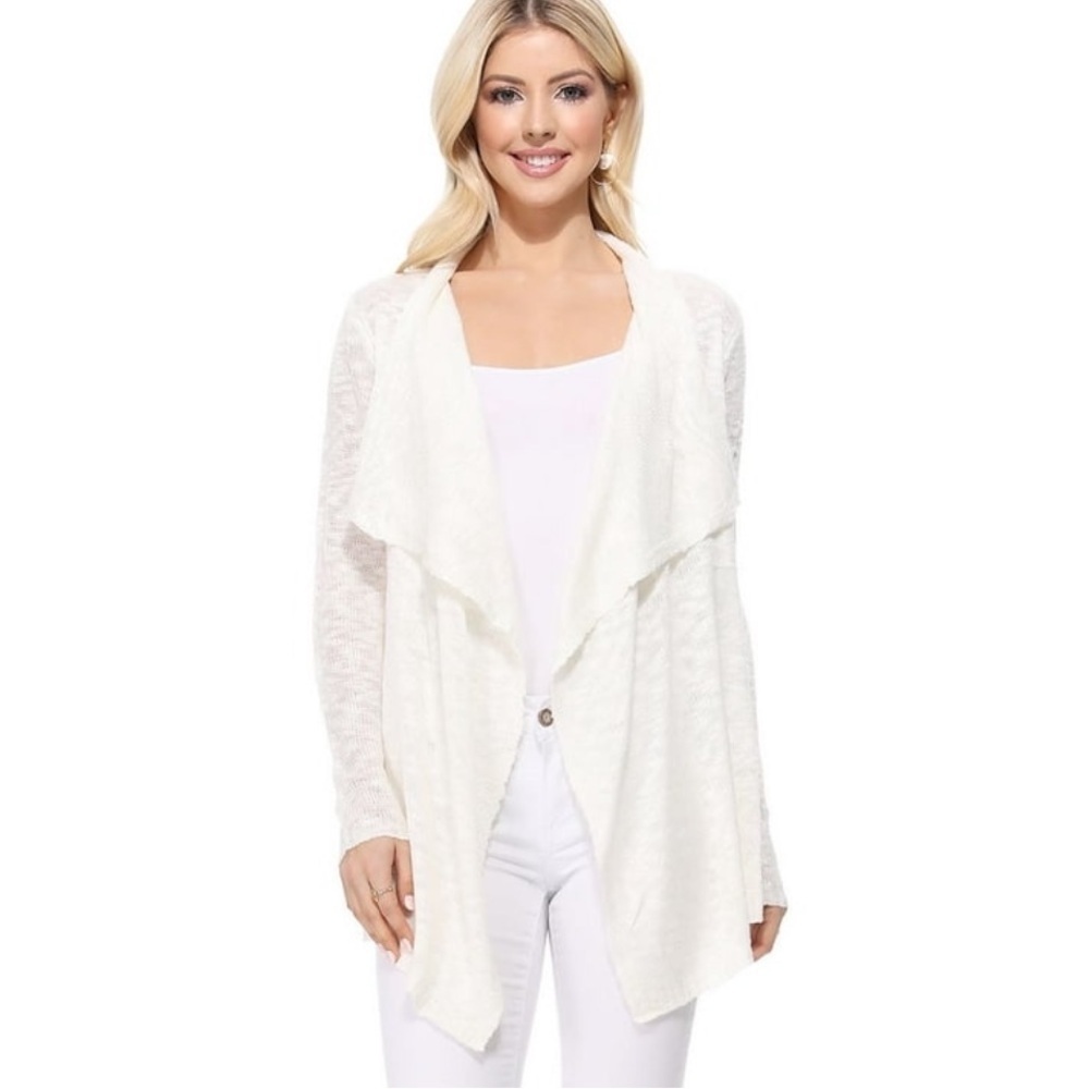 MAK Creamy White Long Sleeve Sheer Slub Open Front Cardigan Sweater Sz Small